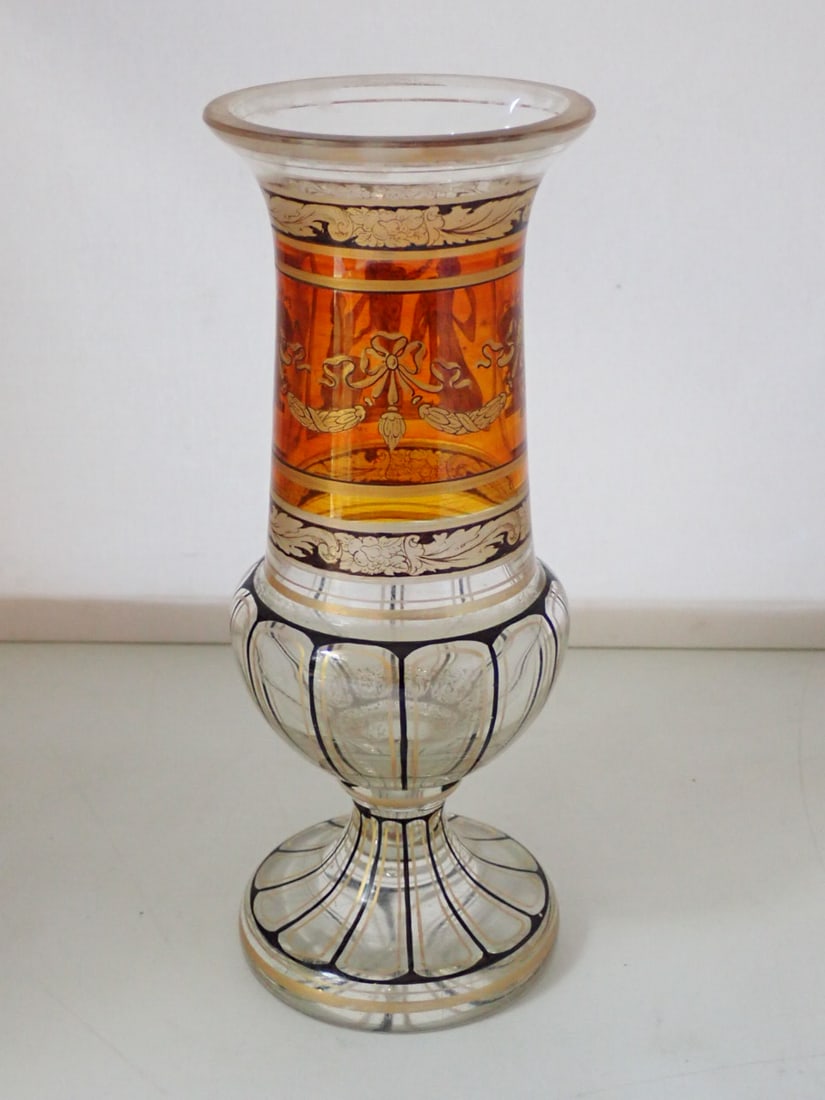 Nineteenth Century European Art Glass Vase: clear glass with a painted neoclassical design in brown and gold. Unmarked. 3 1/4" diameter x 8" high. No cracks or chips. Some wear to painted decoration from use. Polished rim.
