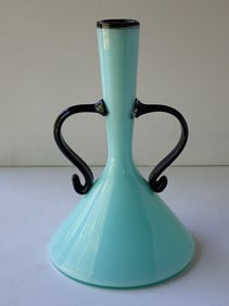Gabe Feenan Art Glass Vase Turquois with Black Trim and Handles