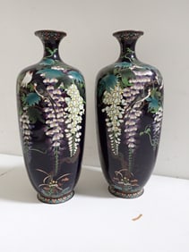 Pair of Asian hand painted Cloisonné wisteria vases