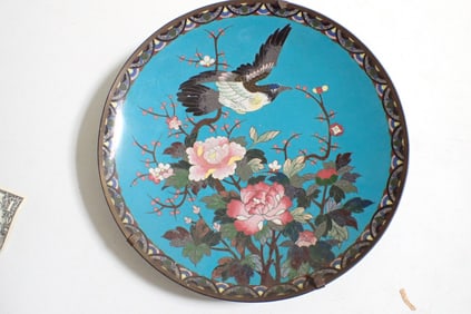 19th Century Cloisonné charger with bird and roses