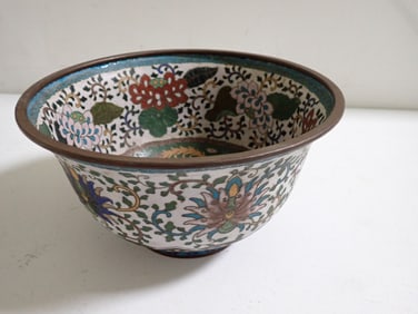 9 1/2" diameter, 5" height Cloisonné deep footed bowel with bird and floral design