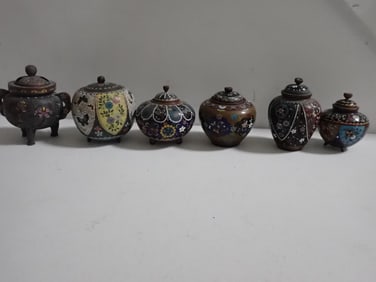 6 small covered Cloisonne bowls