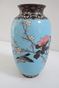 8"Cloisonne vase, light blue flower vase with bird and butterfly