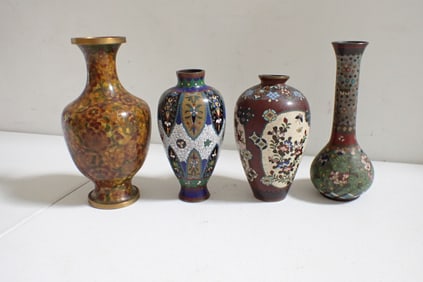 4 Cloisonne vases floral and other designs