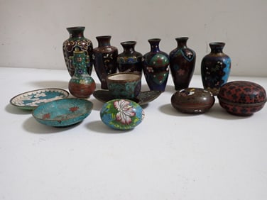 Miniature Cloisonne vases, pill boxes, egg, plates