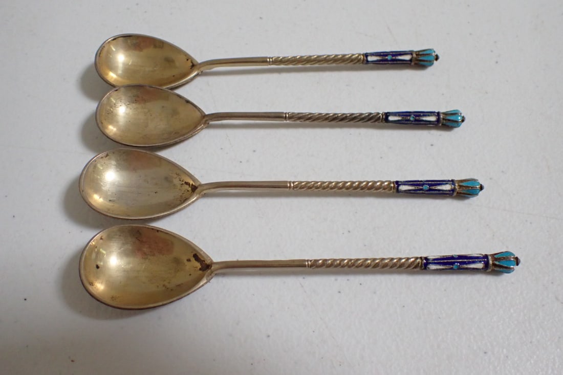 4 Cloisonne Spoons: 4 Cloisonne spoons blue enamel