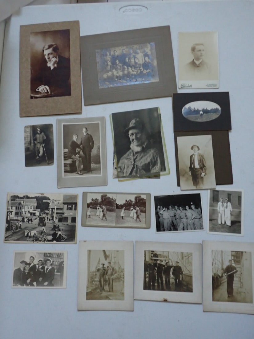 Cabinet Photos, RP Postcards and Stereoviews Baseball, Football, Golf, etc.: Real Photo Postcard of baseball player leaning on Bat with trimmed corners. 8" x 10". Cabinet Photo of Football Team, Photo Print of Provincetown, Cape Cod and Soldiers Sailors Photos, 3 Woman and Men