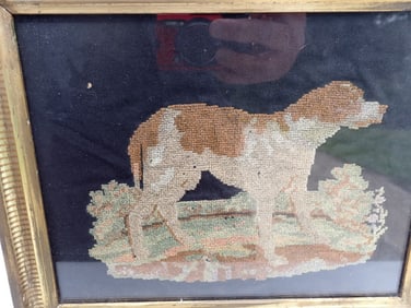 Antique Dog Needlepoint in Vintage Frame