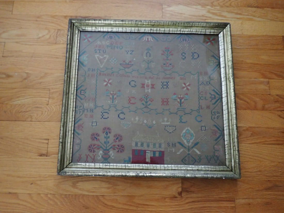 Mid 19th Century Sampler with House and Flowers: Margaret Hellman born 1831 Sampler.