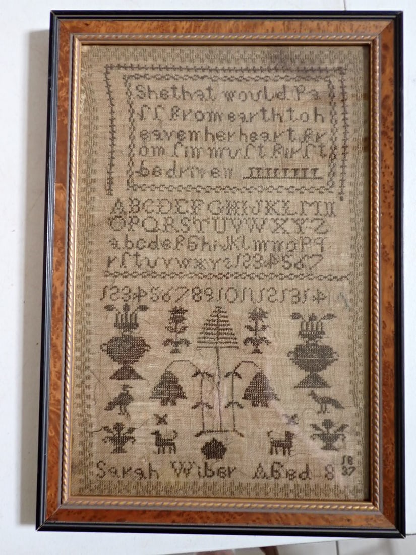 1837 Sampler by Sarah Wiber Age 8: Sampler Verse "She That Would Pass From Earth to Heaven Her Heart From Sin Must First Be Driven". Has Alphabet, Animal and Floral Designs. Frame 18 1/2 x 12 3/4". Sampler 16 1/2" x 10 1/2"