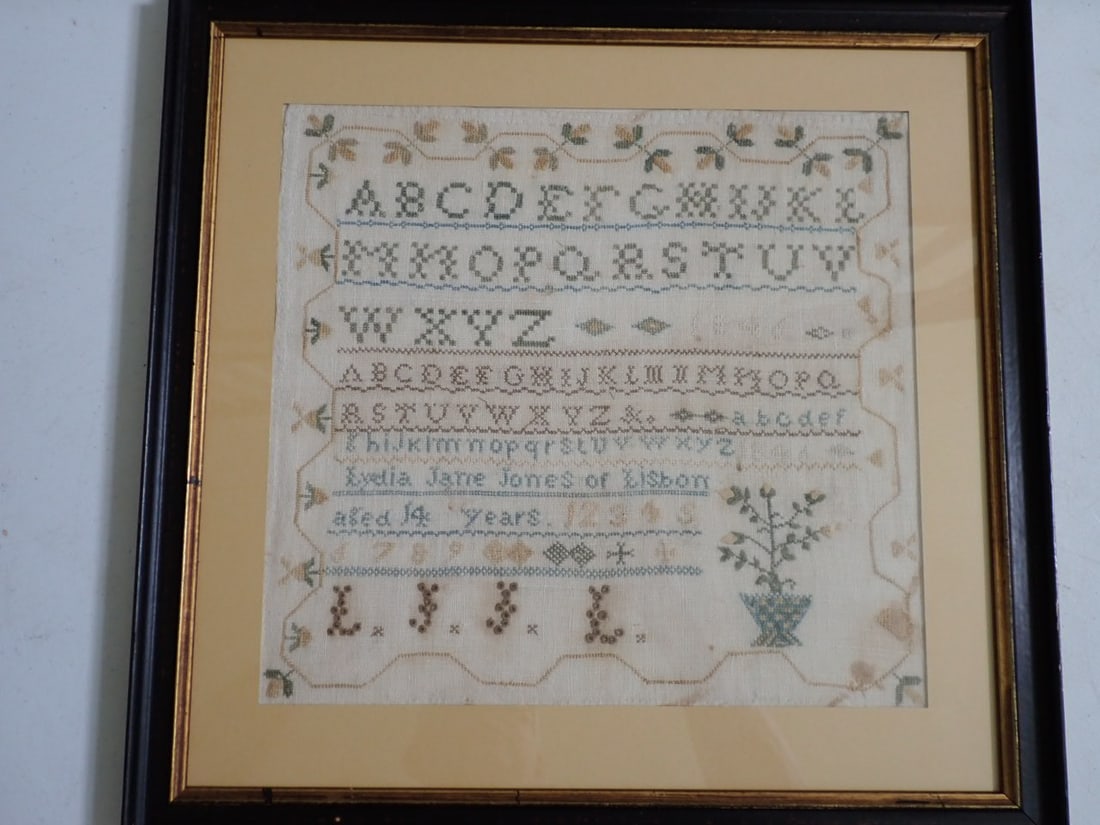 1846 Sampler Lydia Jame Jones of Lisbon aged 14 years: Alphabet, Plant and Floral Border. 1846 in two spots . The dyes in the date have faded. Frame: 17 1/2" x 18" Sampler 12" x 12 3/4". Has a little discoloration in spots. Overall good condition.