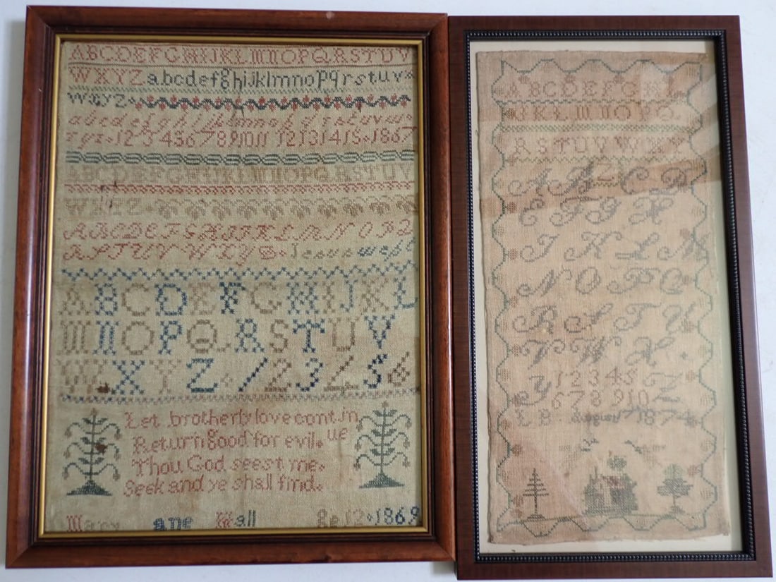 1869 and 1874 Samplers: Mary Jane Wall Age 12 1869. Let brotherly love count in return good for evil. Thou God seest me. Seek and ye shall find. Floral Design. Alphabet and Numbers. Has some wear "J" in Jane has faded. Frame