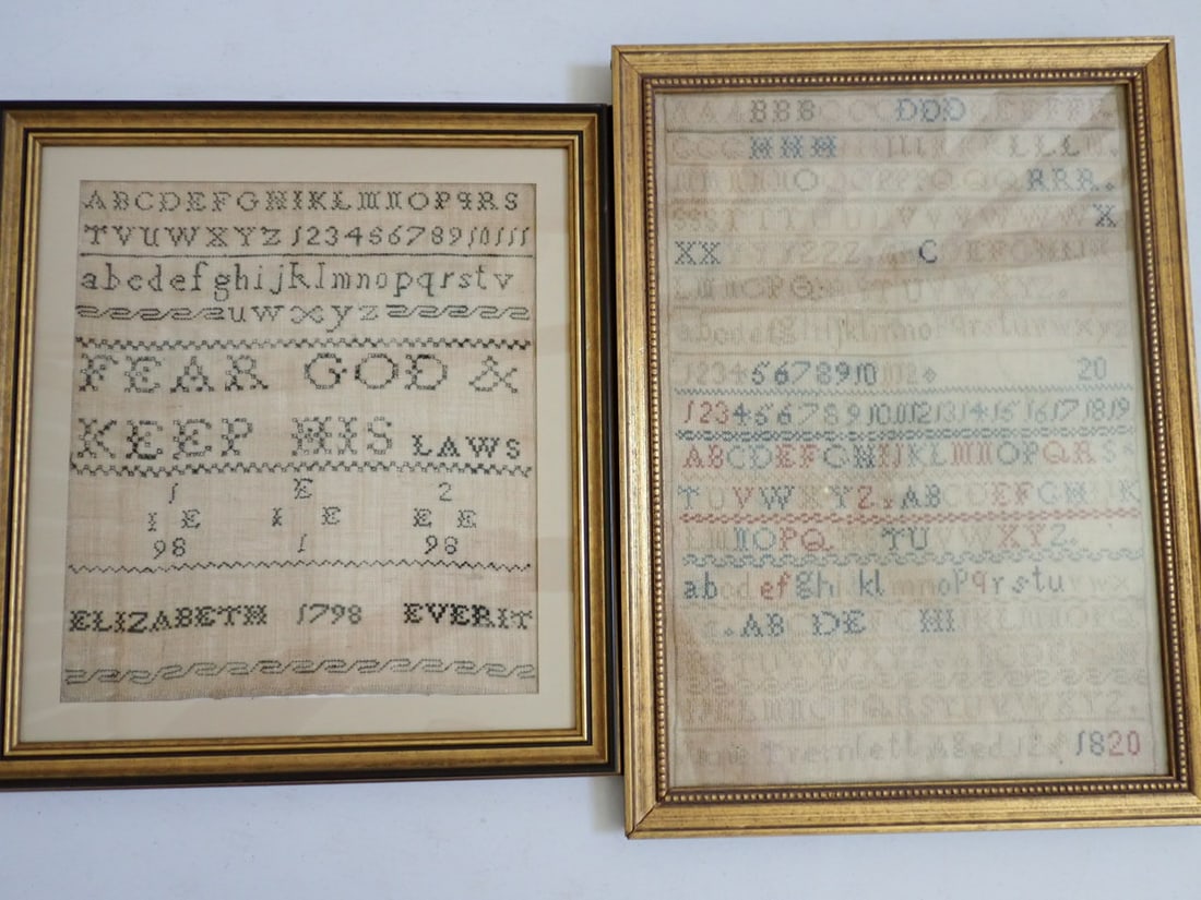 1798 and 1820 Samplers: Elizabeth Everet 1798. Fear God and Keep his Laws. Alphabet, numbers and design on lower border. Frame 14" x 14 1/2". Sampler 12" x 10 1/2". Jane Tremlett Age 12 1820. Alphabet and Numbers. Some lette
