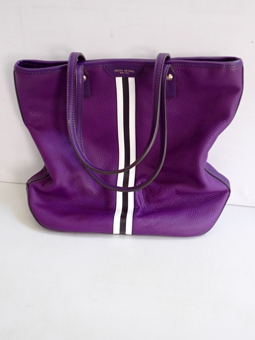HENRI BENDEL Tote Large Leather 57th Stripe w/ original storage bag: HENRI BENDEL Large Leather Purple Tote with Stripes Width 15" x Height 15" . Overall Good Condition (see photo) With original storage bag