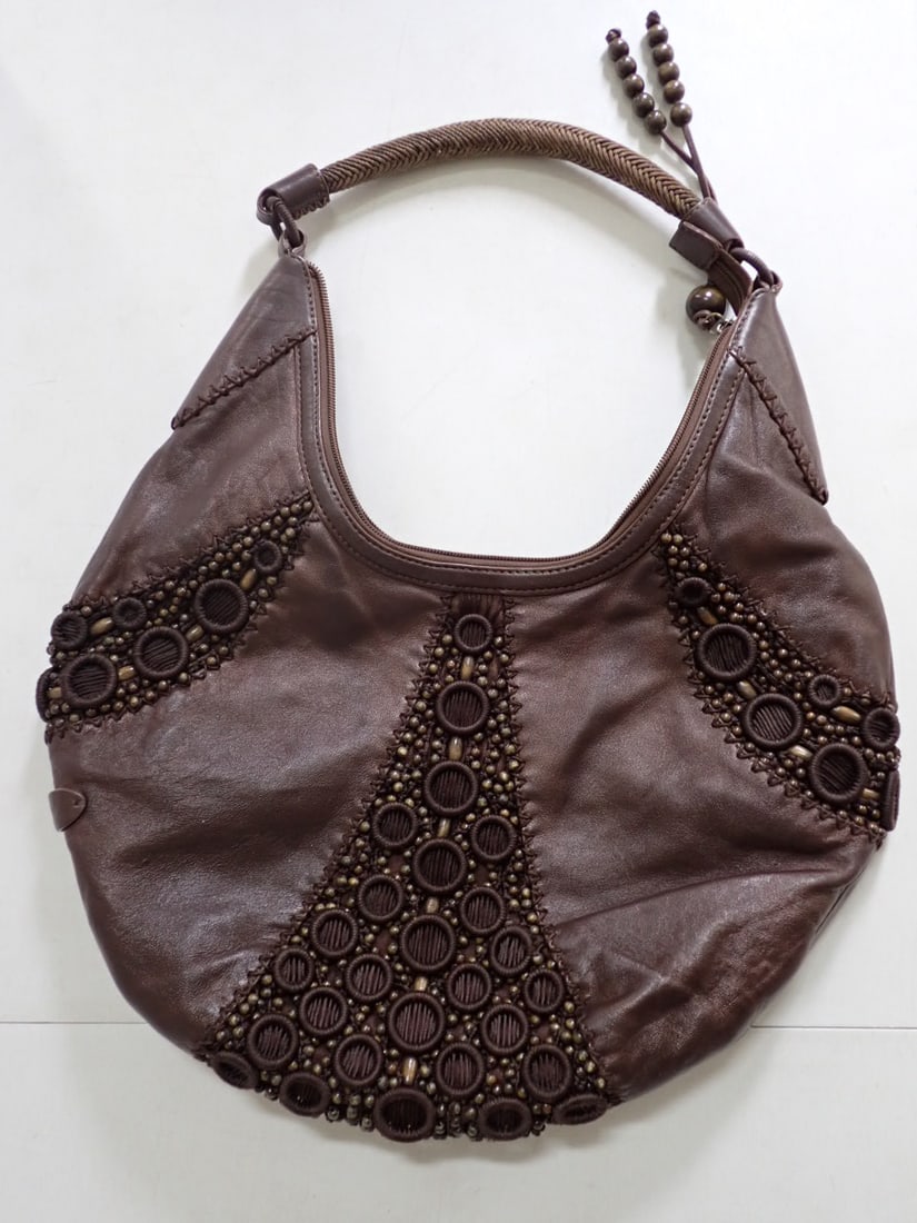 Cole Haan Alyssa Bead Slouch Style brown leather Handbag: Leather Slouch brown leather louch bag with embellishment 15" wide