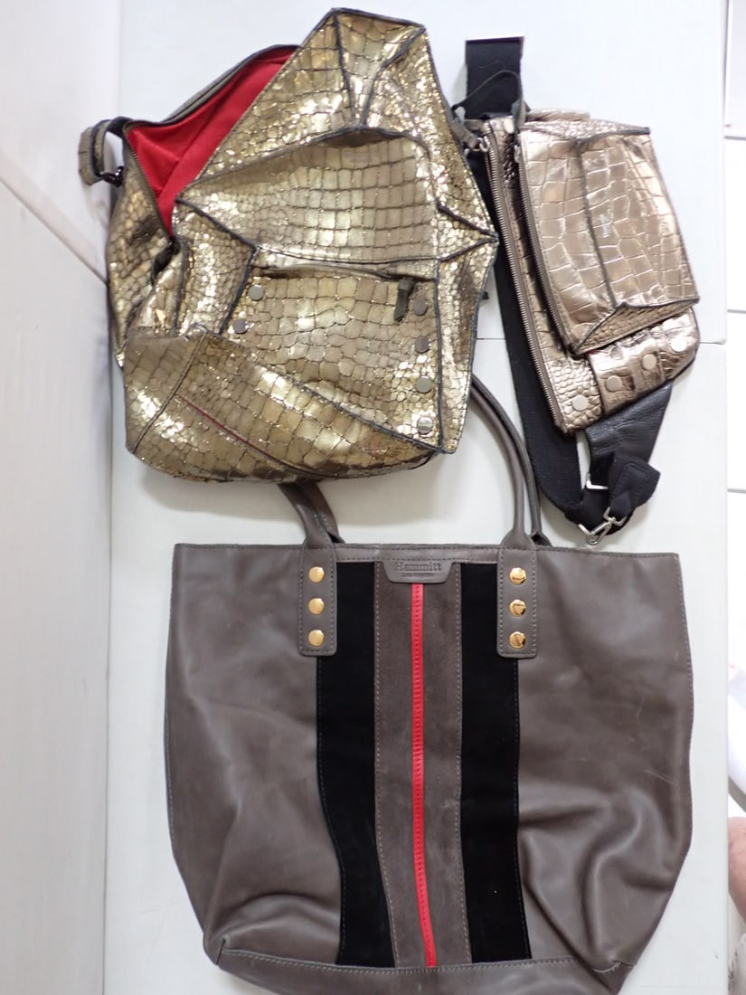 (3) Hammitt bags: Gold Fanny pack, Gold Backpack and Grey leather and suede tote bag.