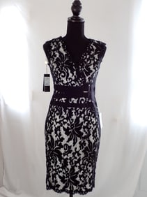 Tadashi Shoji Embroidered Black Lace Sheath V Neck Dress Size Petite