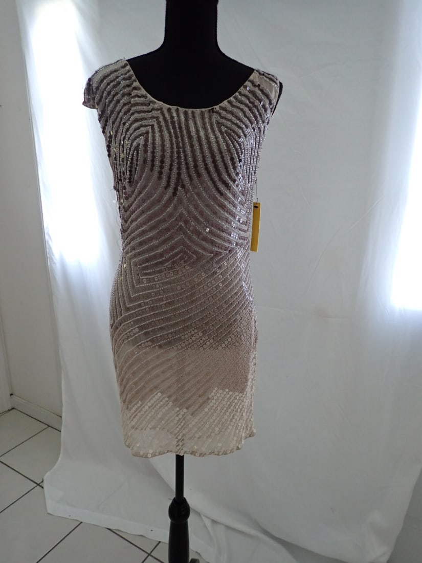 Alice + Olivia Taupe Beaded Cocktail Dress Size S New w/tags: Taupe beaded cocktail dress Size S New w/tags. Height to top of Mannequin is 68".