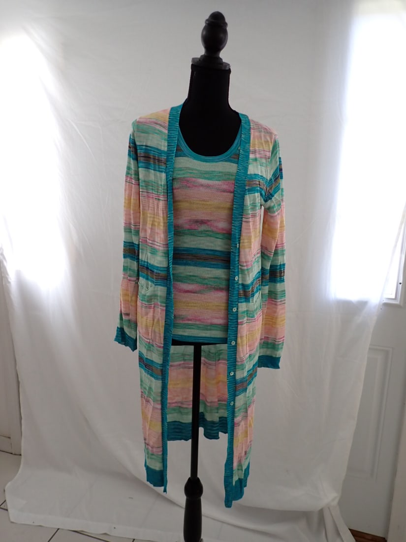 Margaret O'Leary lot of clothes All Size XS or S (6 pcs): Black ribbed sleeves top. 2 Piece multicolored long sweater w/ shell with tags. Belted Black Dress. Earth tones long skirt new with tags and Other Skirt. Height to top of Mannequin is 68".
