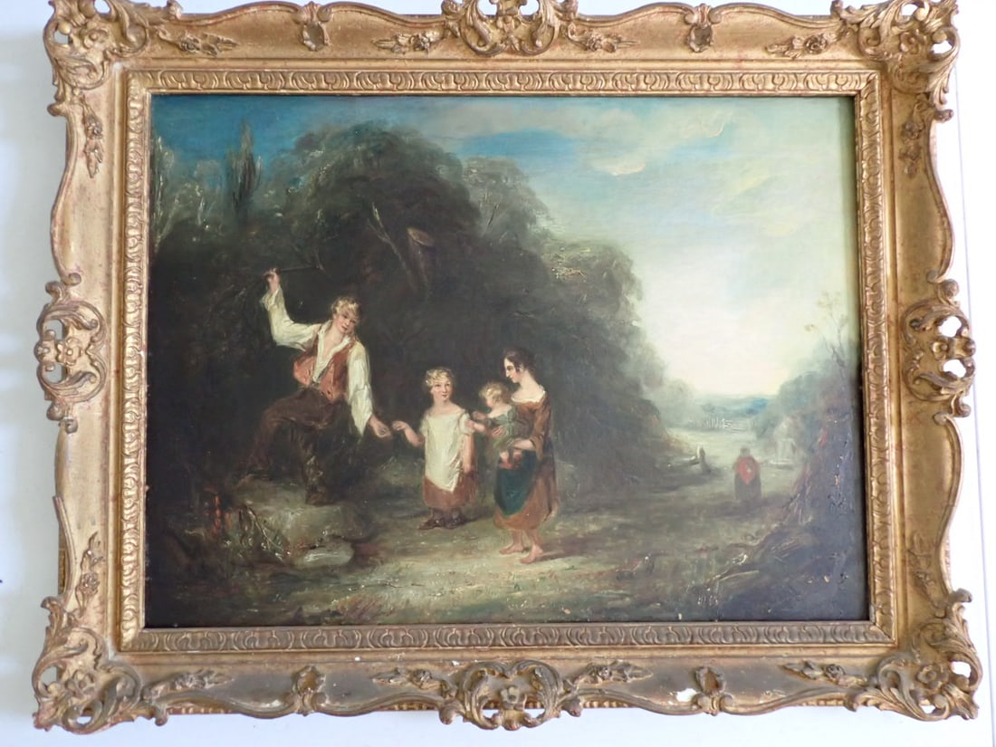 Continental Landscape with Children Unsigned: Family with Children walking along trail. Some wear with paint loss. Frame has some discolorization in pots Frame 23" x 29". Art 18" x 24"