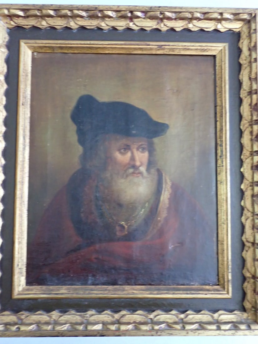 Italian School Portrait of Renaissance Gentleman: Early Portrait of Bearded Man with Beret and Gold Chain. Gold Lace around Collar. Has 2 tears & some spots of paint loss. Back of canvas has some cracking. Marked with name of purchaser from 1969, Pro