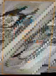 Jacques Doucet- "La Promenade de Kafka. Abstract painting O/C: Signed Doucet oil on canvas. Label on back of painting Jacques Doucet"La Promenade de Kafka" H.M. 91 x 142. Canvas marked Lefranc. Sticker Nr. 22 Jacques Doucet Kr. 10.800 Art: Size 56" x36 1/2". Has