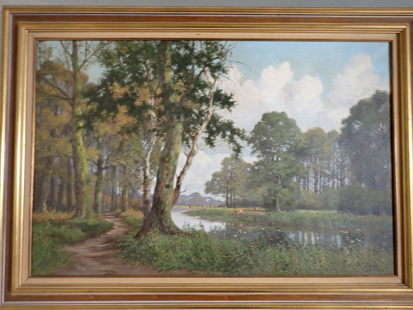 W.J. Albert Oil Cows Grazing near River Oil on Canvas Painting (1 of 6)