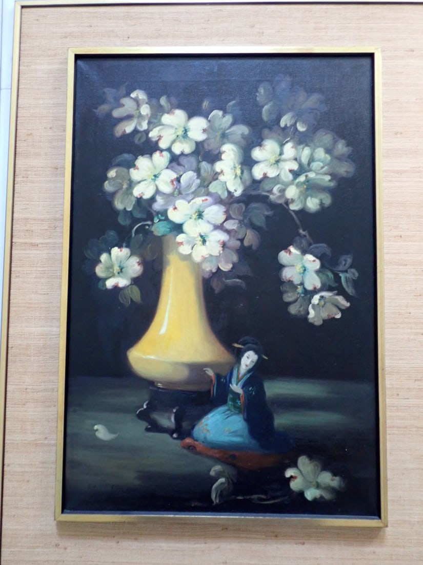Diminutive Japanese Woman by large Vase with Flowers. Signed Edith Flisher (1 of 8)