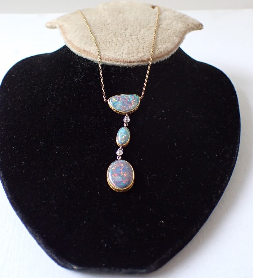 Antique 14K Gold Necklace with 3 Black Opals and 2 Mine Cut Diamonds (1 of 20)