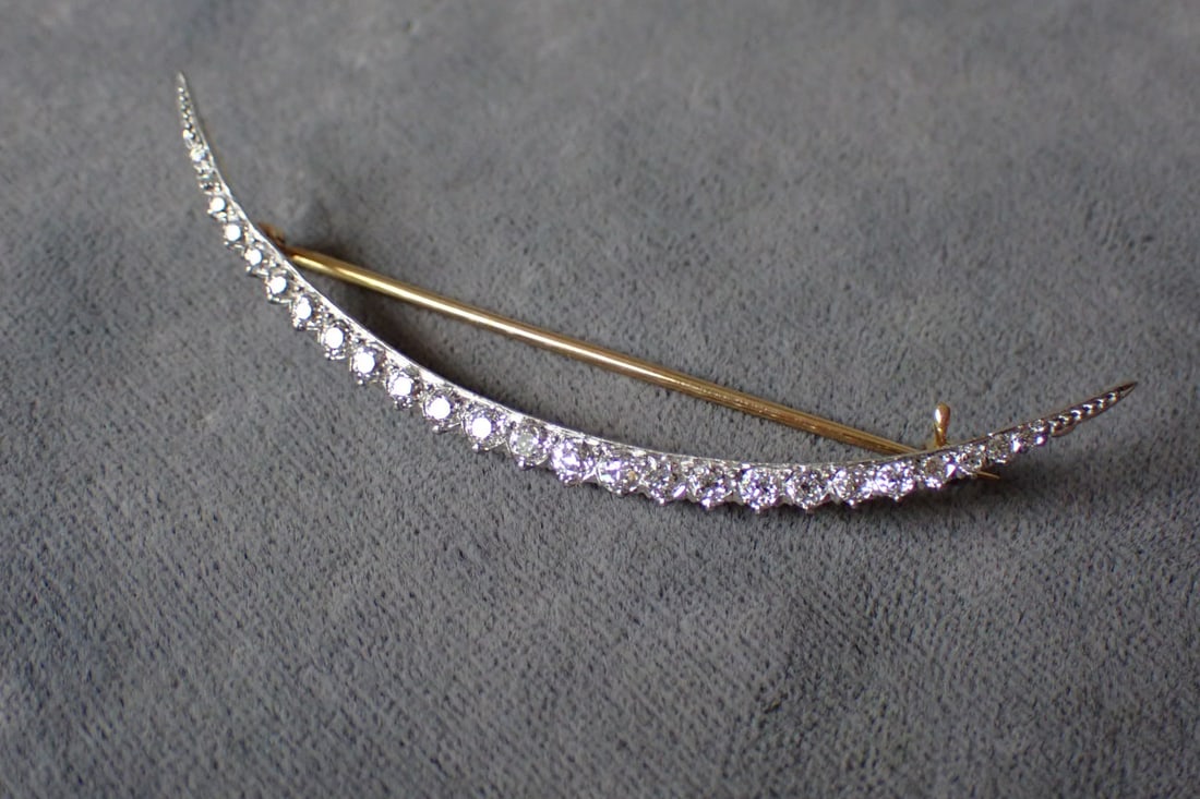 Platinum, 18K and Diamond Crescent Moon Pin (1 of 10)