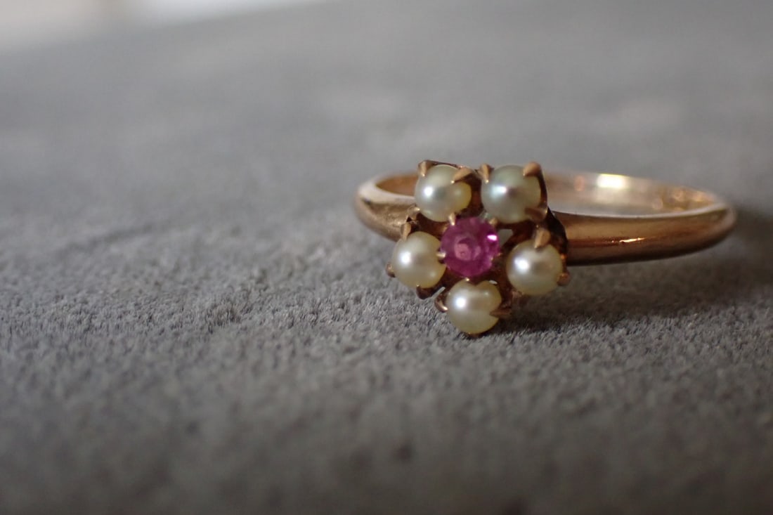 Stamped A* 10K Gold, Seed Pearl and Ruby (Synthetic) Ring (1 of 5)