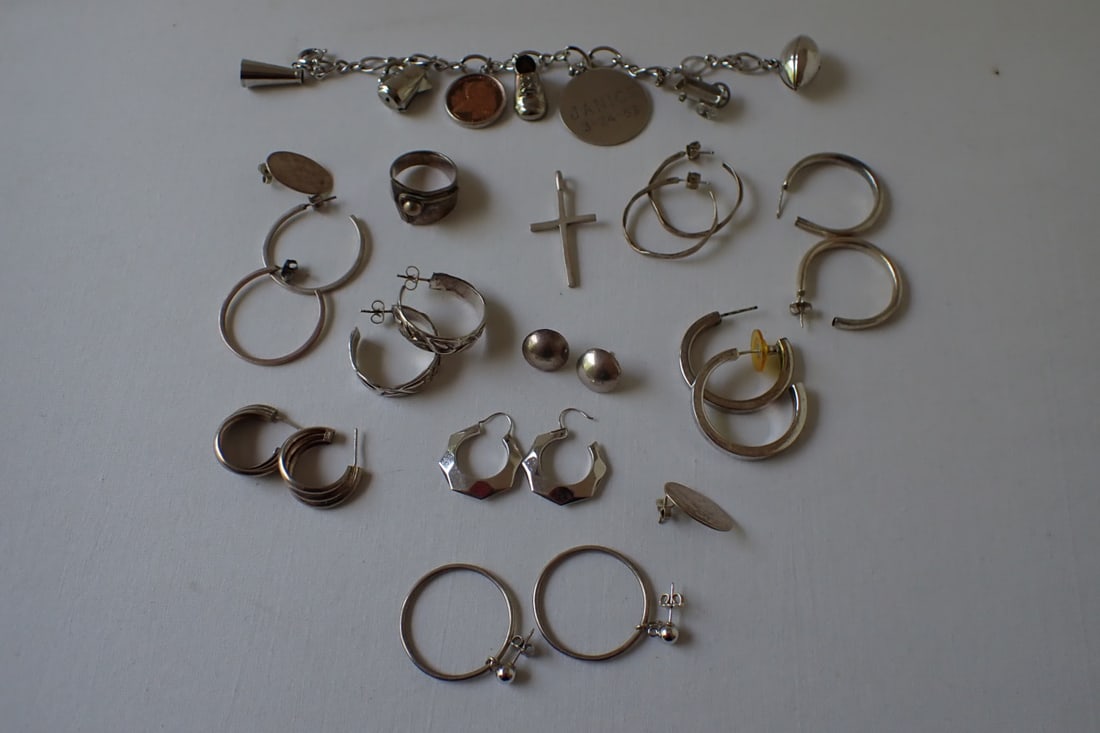 Sterling Silver earrings, Charm Bracelet, Cross & Ring (1 of 18)