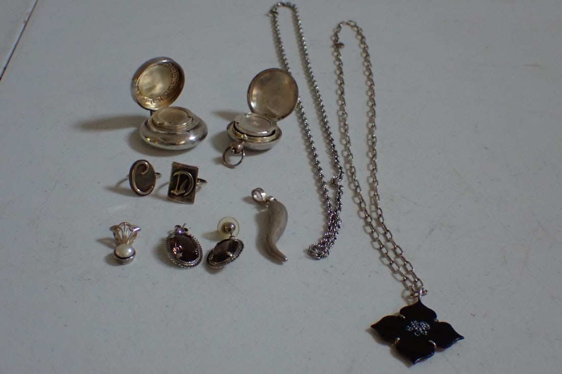 Sterling Chains, Rings, Earrings, 2 Coin Holders: 4.1 Oz.
