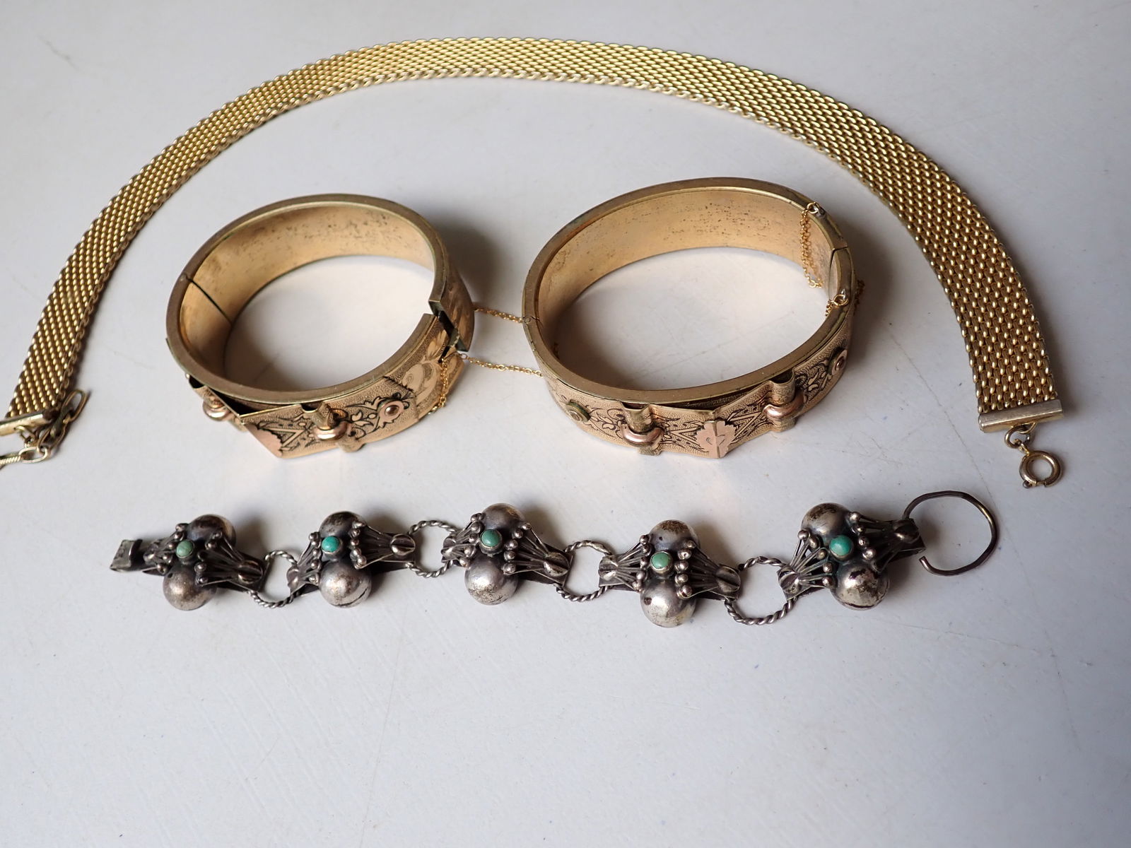 Ornate Gold Filled Cuff Bracelets. Silver Bracelet and Mesh Choker: Ornate Gold Filled Cuff Bracelets. Silver Bracelet and Mesh Choker