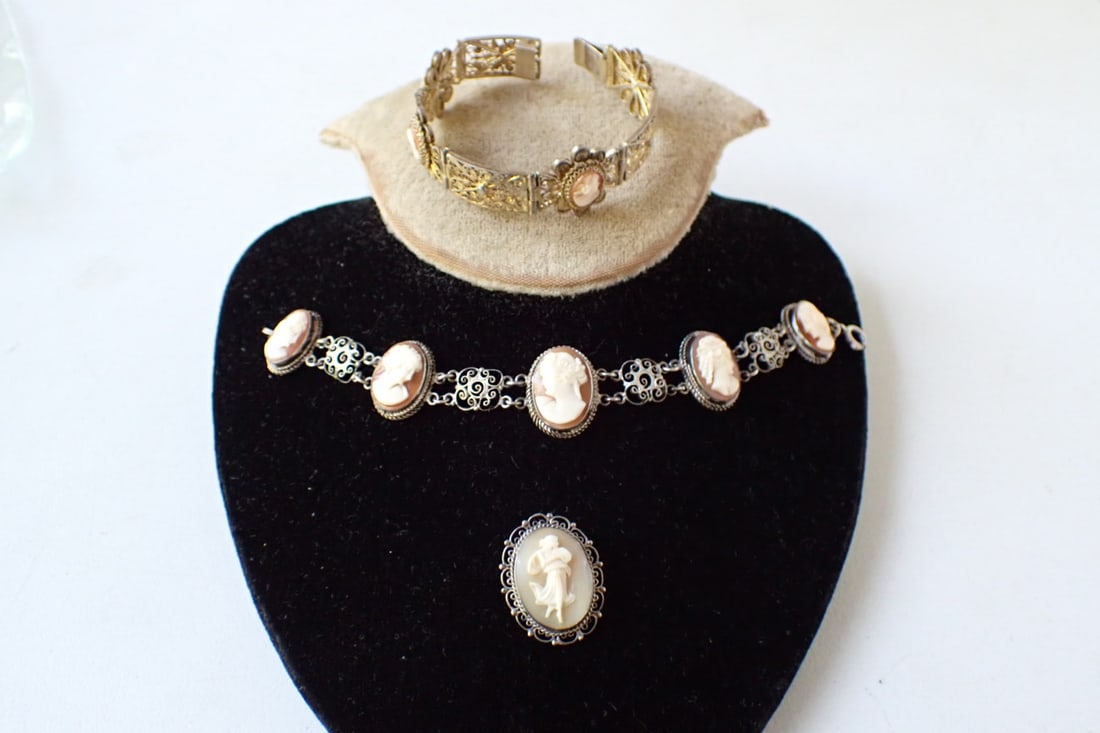 800 Silver Cameo Bracelets and Cameo Pin: 6 1/2" and 6 1/4" Bracelets