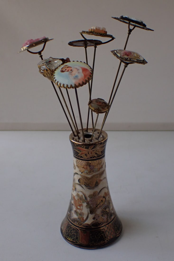 9 Victorian Hand-painted, Porcelain, Cameo etc. Hat Pins + Holder (1 of 20)