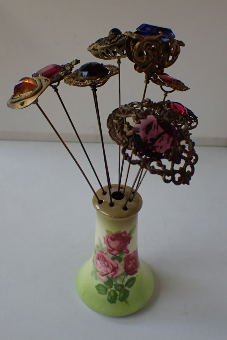 10 Victorian Ornate Brass & Faceted Jeweled Glass Hat Pins + Holder (1 of 20)