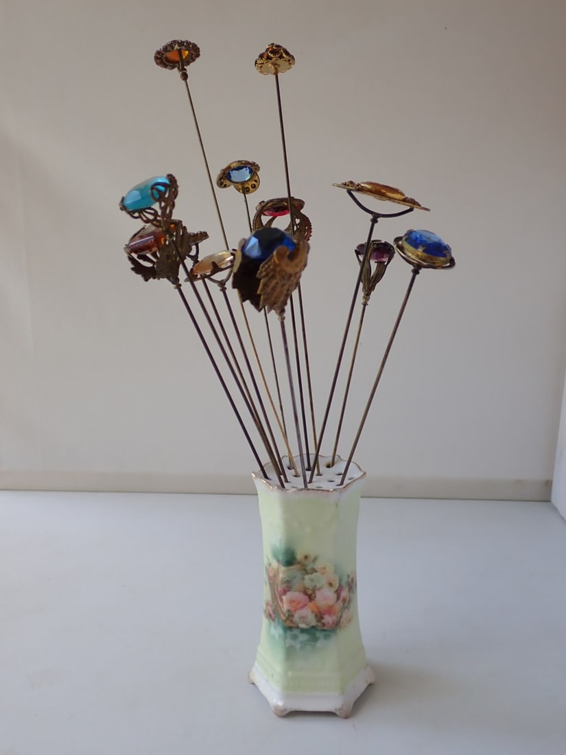 12 Victorian Ornate Brass & Jeweled Faceted Glass Hat Pins + Holder (1 of 20)