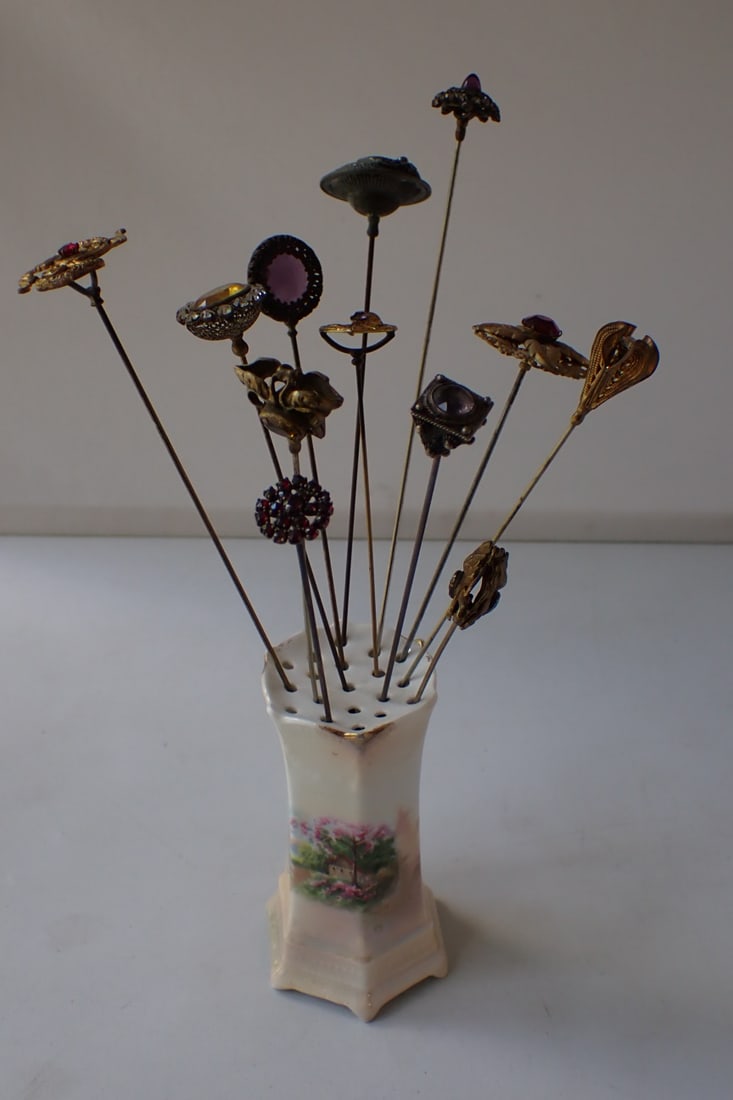 12 Victorian Ornate Brass & Jeweled Faceted Glass Hat Pins + Holder (1 of 20)