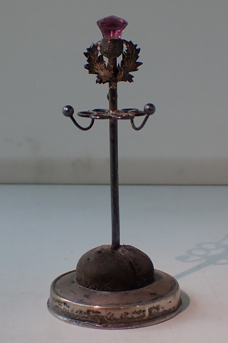 Antique Weighted Silver Jeweled Hat Pin Stand Pin Cushion: Purple Stone. 4 1/4" High. Base is 2" Diameter