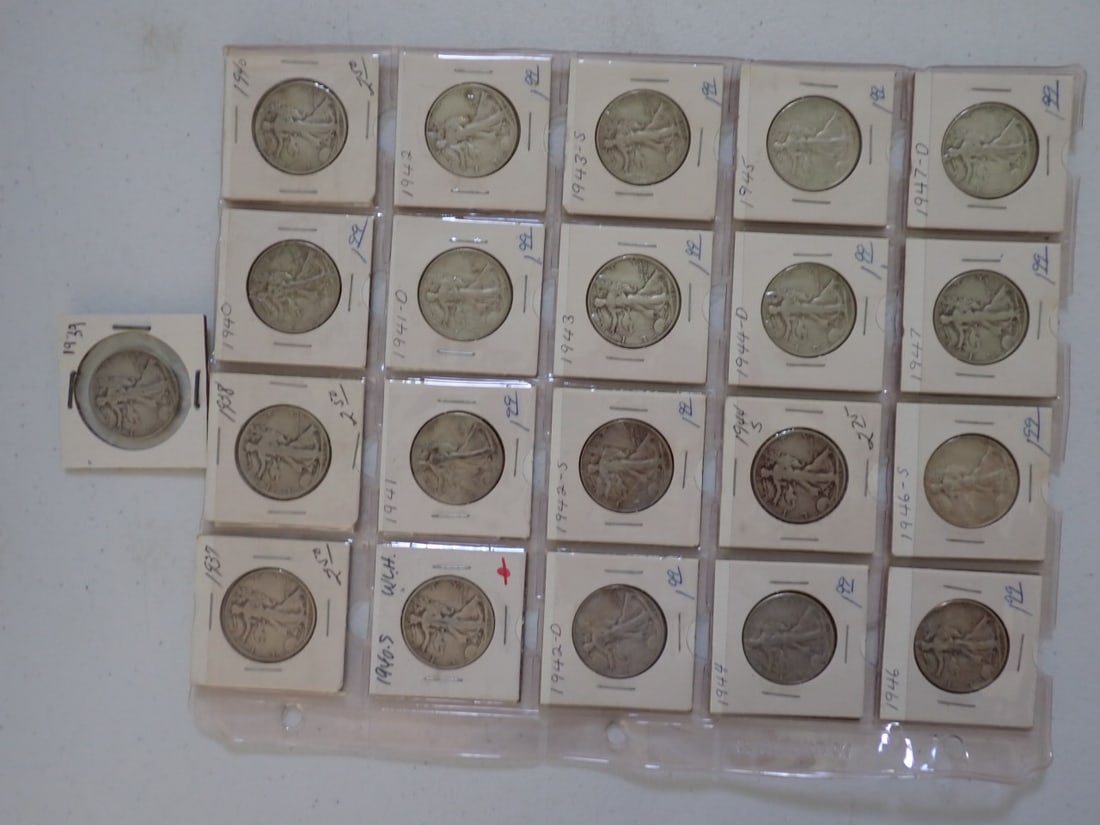 21 Walking Liberty Half Dollars: 1937, 1938, 19239, (2) 1940, 1941, 1941-D, 1942, 1942-D, 1942-S, 1943, 1943-S, 1944-D, 1944-S, 1945, 1946, 1946-S, 1947, and 1947-D