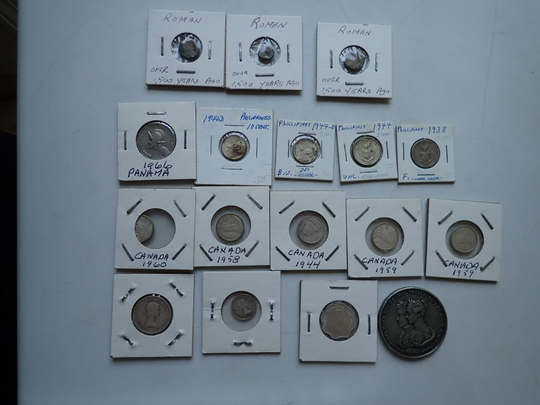 Roman Coins, Canadian and Philippines Silver, 1840 Royal Marriage, etc.: Silver Canadian and Philippines Coins, 1840 Prince Albert and Queen Victoria Medal (not silver), Roman and some non-silver coins