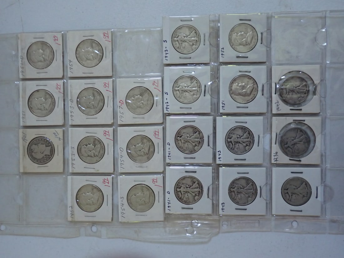 1901 Barber Half, 9 Walking Liberty, and 11 Franklin Halfs: 1901 Morgan, 1936, (2) 1941-D, 1942, 1942-S, (2) 1943, 1943-S, and (1) no date Walking Liberty, (2) 1951, 1951-D, (2) 1952, 1953-S, 1953-D, 1954, 1954-D, 1954-S, and 1957-D Franklins