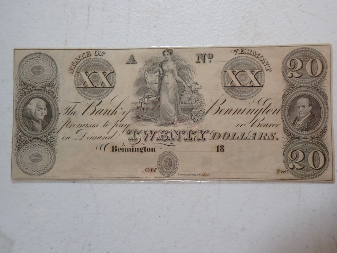 Daley 907 The Bank of Bennington $20 Note and $10 Note on Reverse: The Bank of Bennington Bank Note Printed with $20 Note on One Side and $10 Note on Reverse. Has Partial Date with "18" Printed on Both Sides but no writing in pen on note.