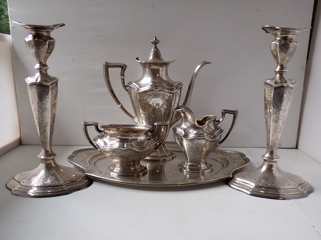 Reed and Barton Sterling Tea Service with Tray and Candleholders (1 of 20)