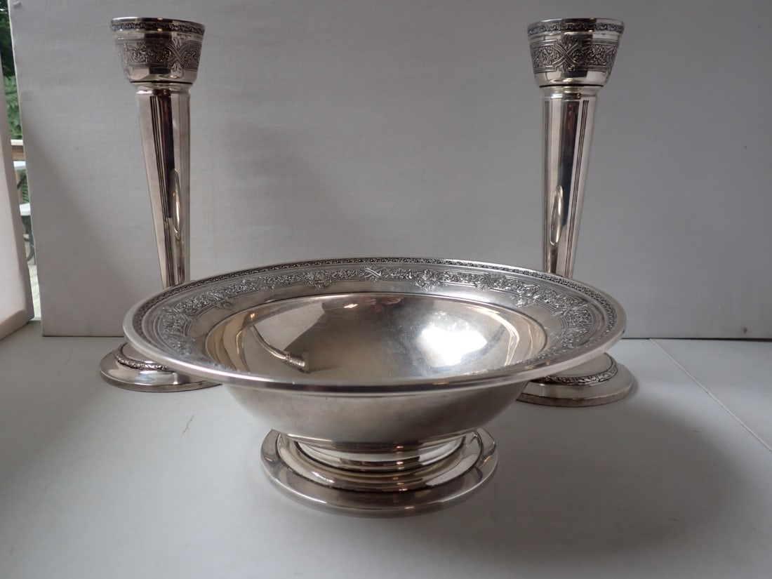International Sterling Renaissance Footed Bowl and Candleholders - Plated Flower Frog (1 of 16)