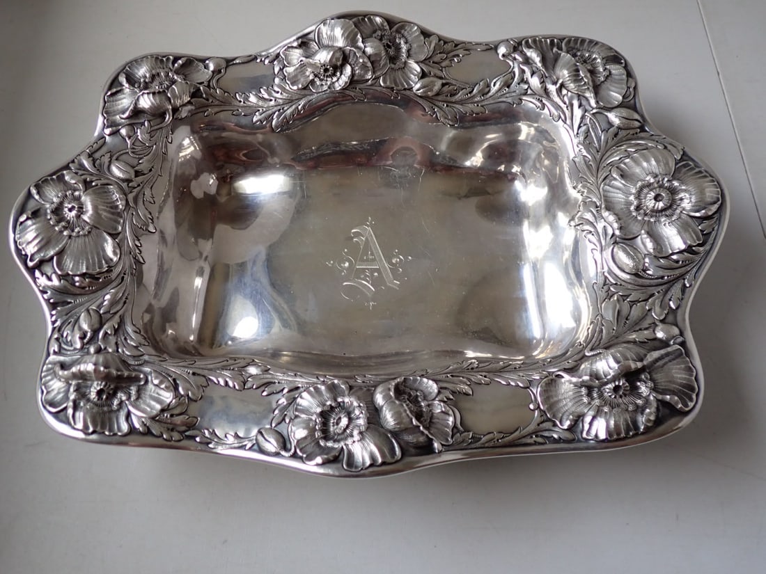 Sterling Floral Repousse 12 3/4 x 9 1/2 x 1 3/4" highest point dish (1 of 6)