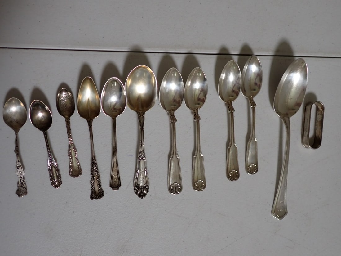 Sterling Serving Spoon, teaspoons, Demitasse Spoons, Napkin Ring (1 of 13)