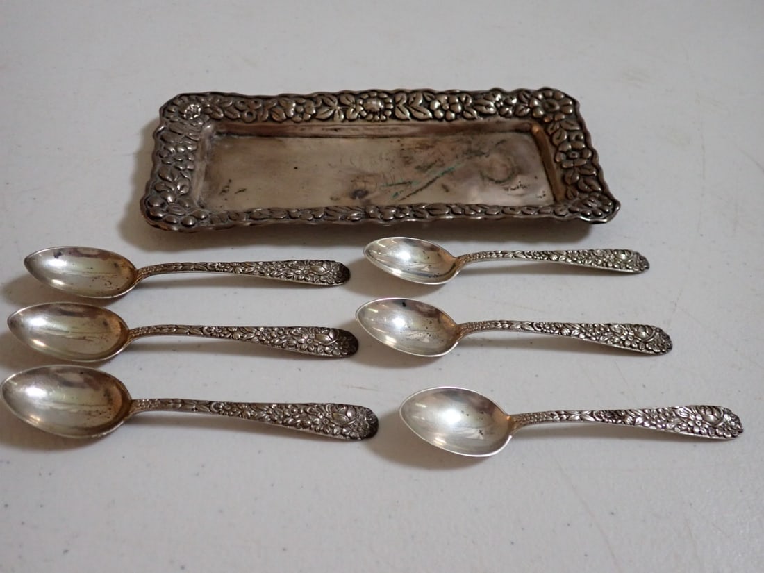 Sterling Silver Repousse Demitasse Spoons and Tray (1 of 8)
