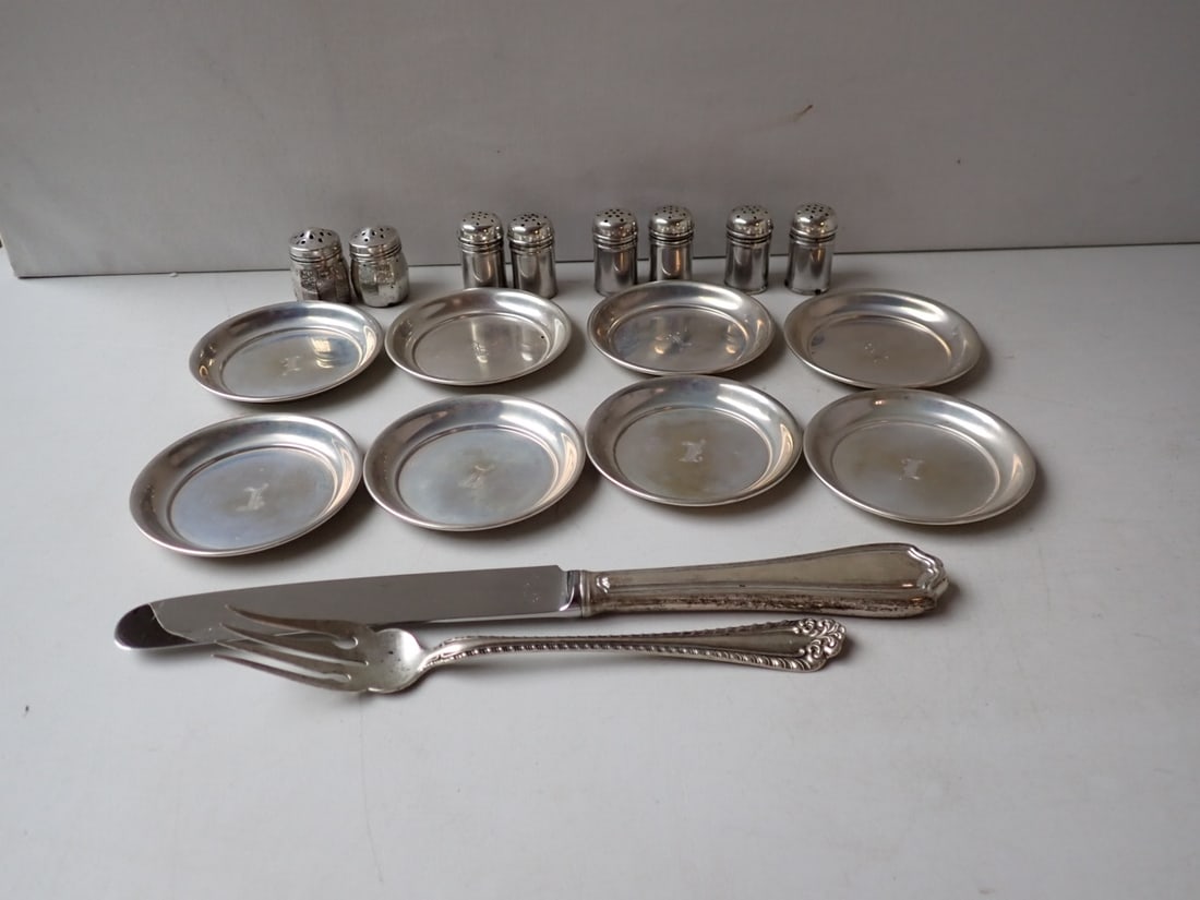 Sterling Silver Cup Plates, Serving Fork, Salt & Peppers & Butter Knife (1 of 12)